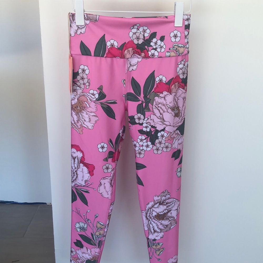 Maaji full length medium compression legging with bright floral pink pattern